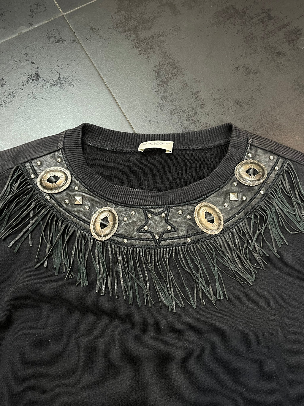 AW14 Saint Laurent Ornament/Leather Fringes Sweatshirt By Hedi Slimane