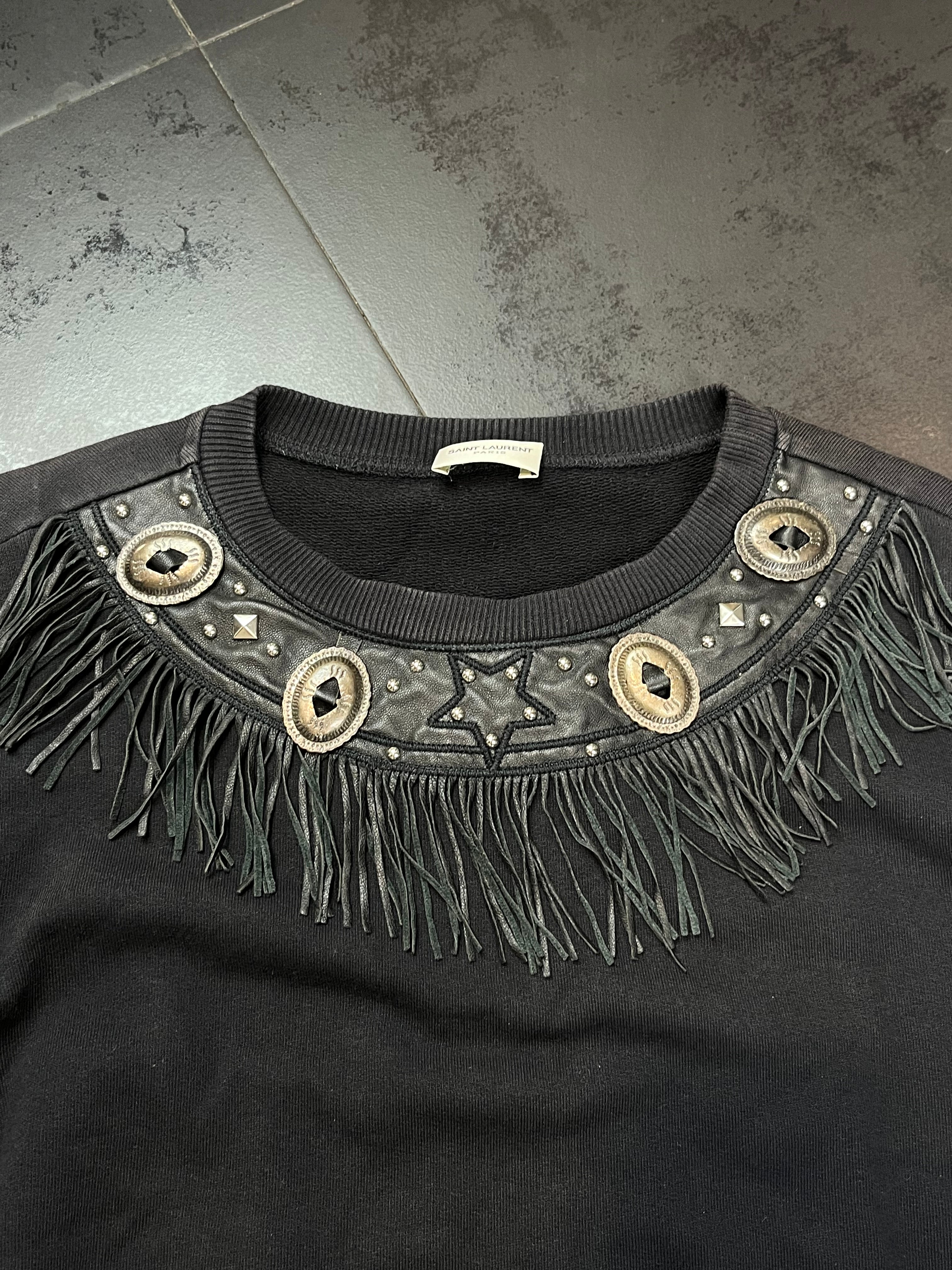 AW14 Saint Laurent Ornament/Leather Fringes Sweatshirt By Hedi Slimane