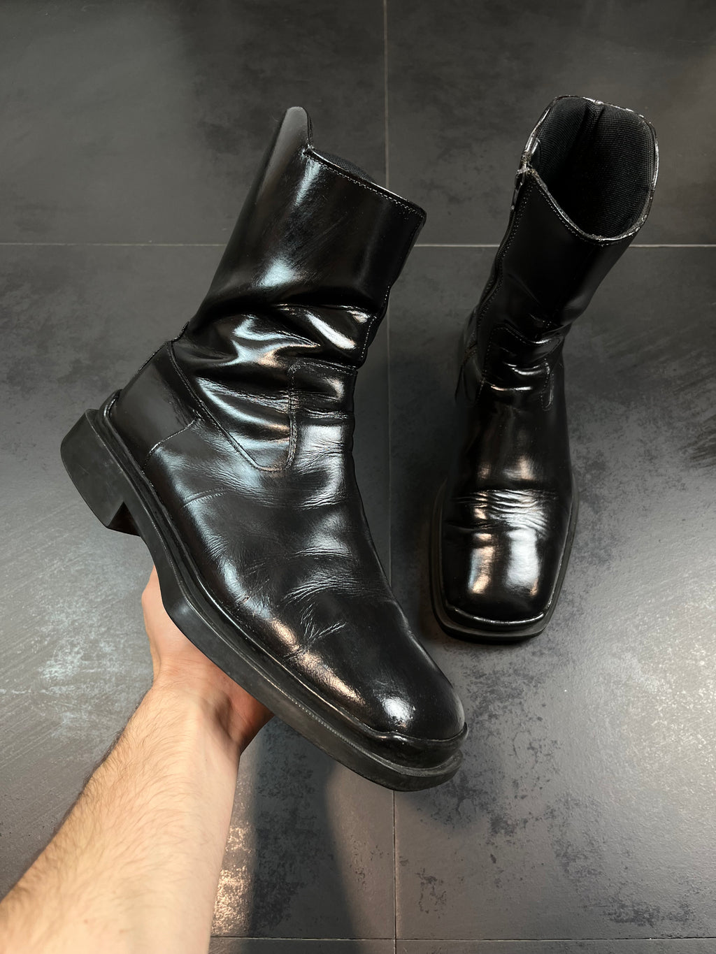 AW99 Prada Square Toe Moto Boots