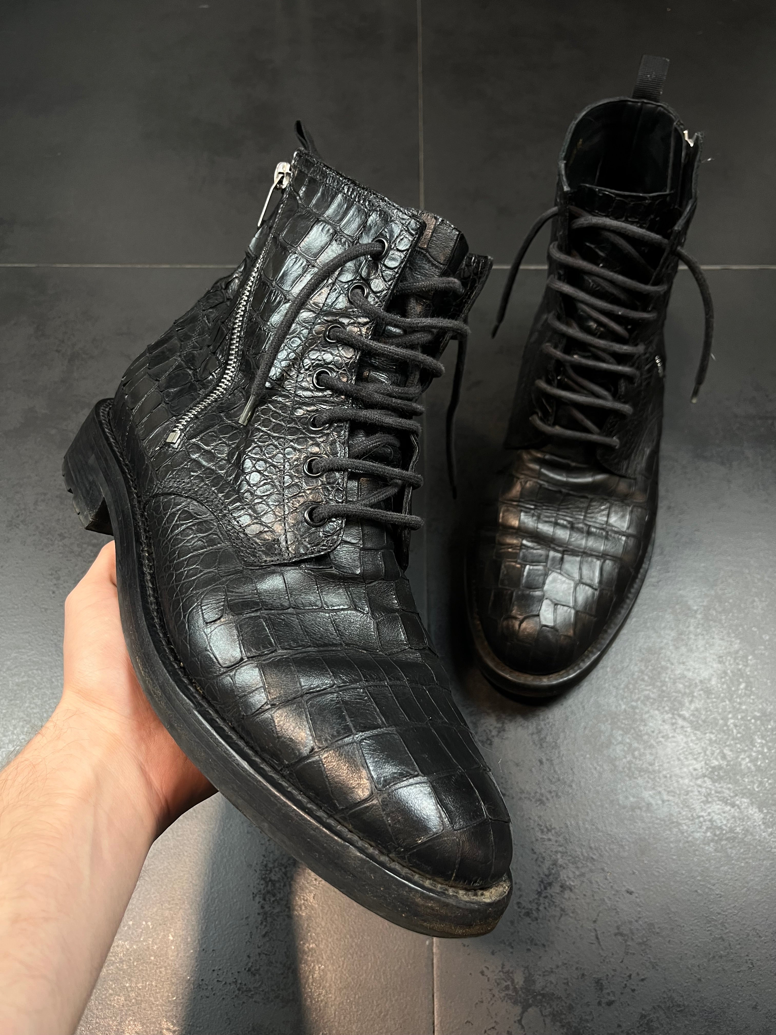 Saint Laurent Paris Croc Embossed Ranger Boots By Hedi Slimane
